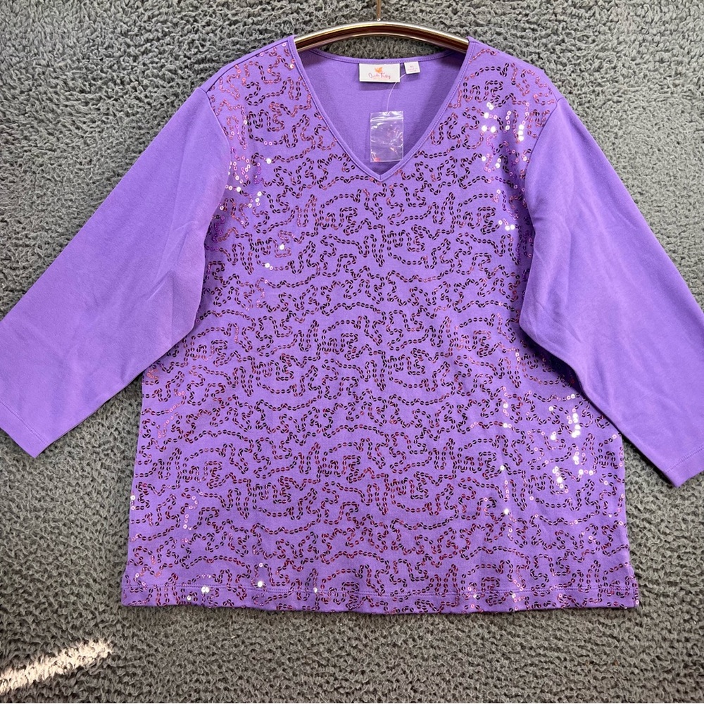NEW Quacker Factory Womens Shirt XL Purple Sequin V Neck 3/4 Sleeve Cottagecore